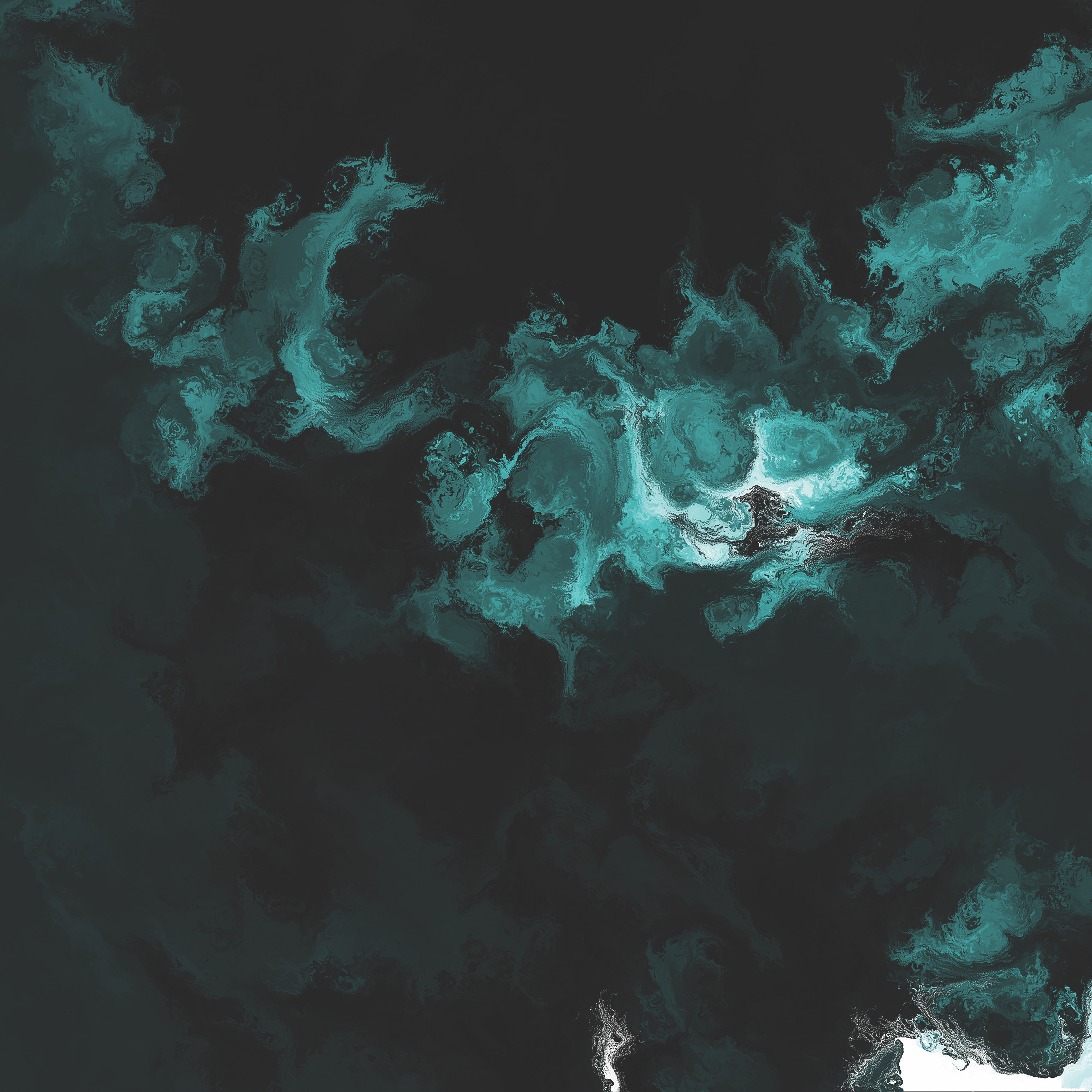 Dark teal/green background, color gradients through light teal to white. Abstract shapes that branch out in wispy ways that look like smoke or poured paint, with white spaces toward the middle of shapes and then light teal branching out to the darker background.